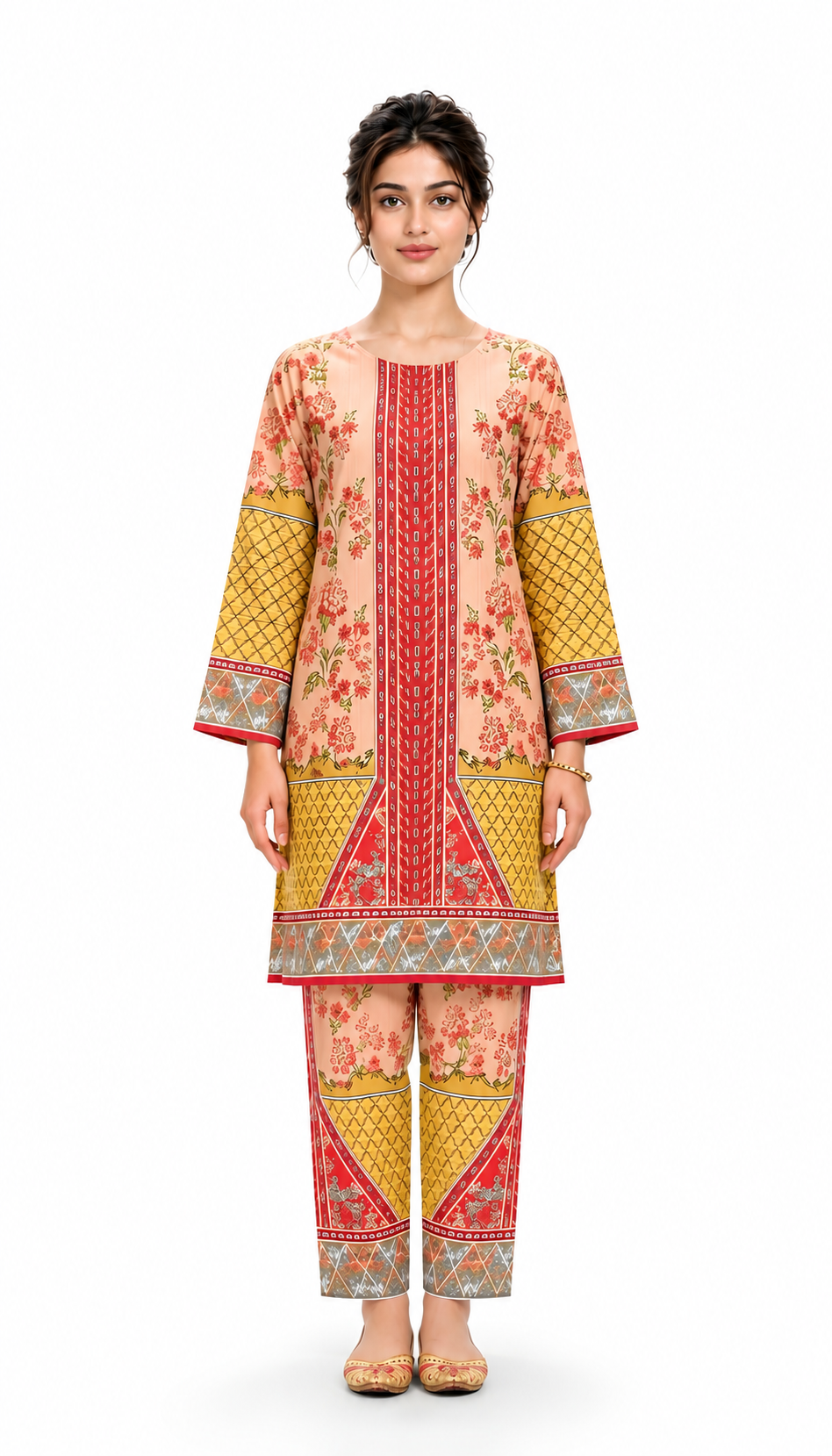 Peach & Mustard Floral Printed 2-Piece Suit with Straight Trousers