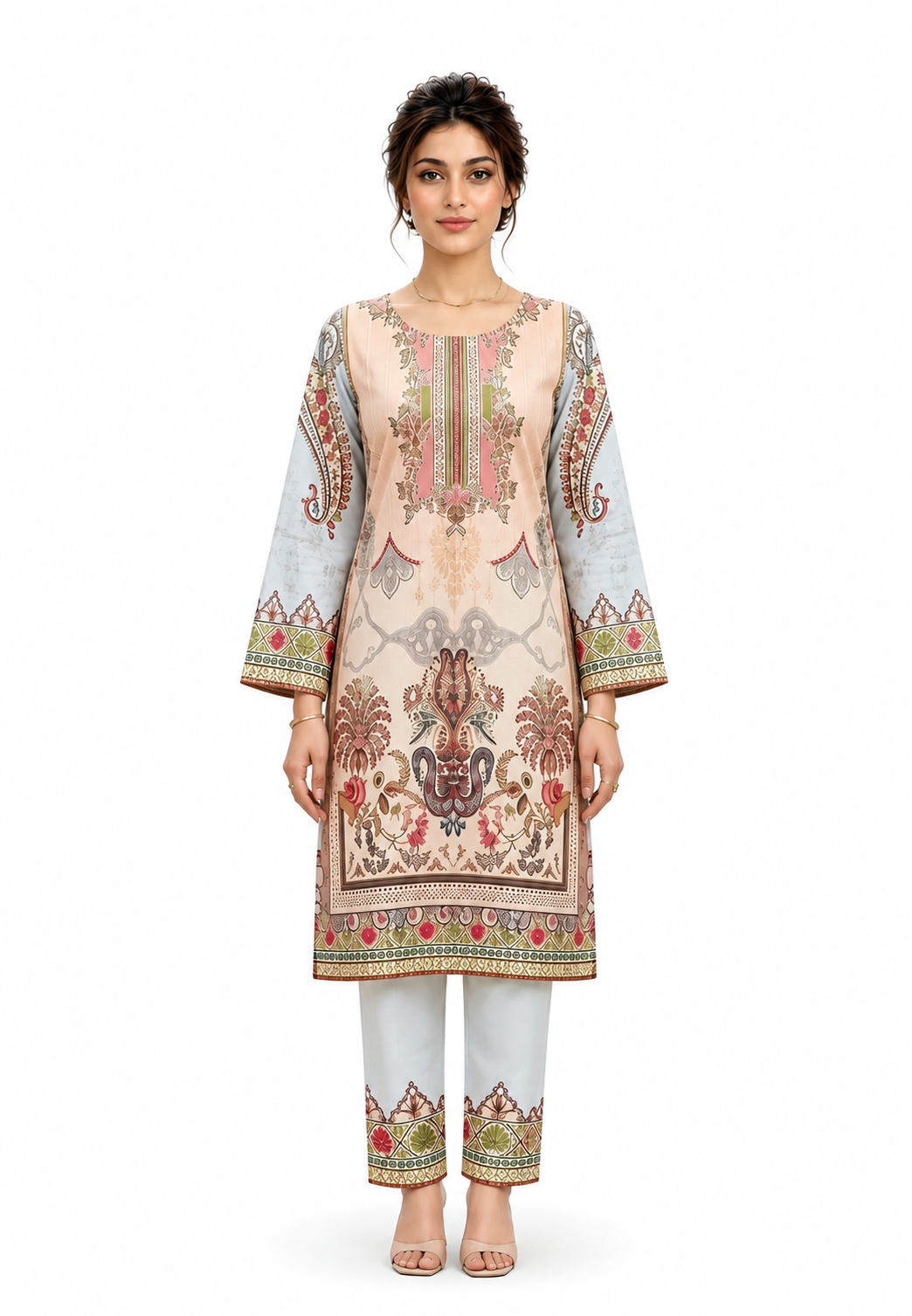 Peach Paisley Printed 2-Piece Suit with Straight Trousers