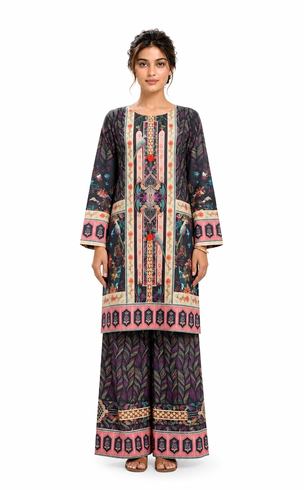 Charcoal Bird & Floral Printed 2-Piece Suit with Palazzo