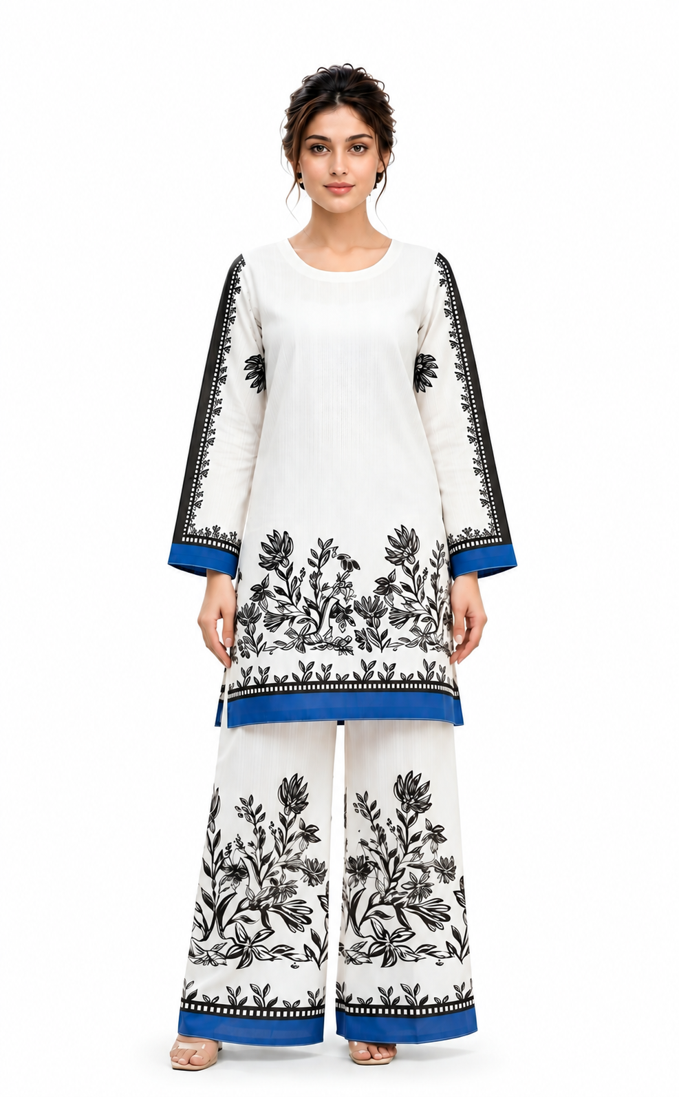 White & Blue Floral Printed 2-Piece Suit with Palazzo