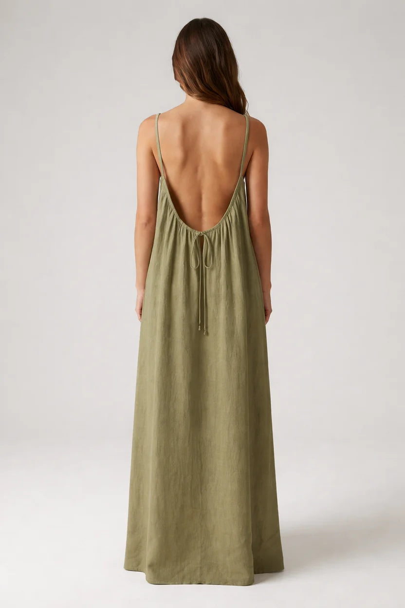 STUNNING BACKLESS MAXI DRESS - OLIVE