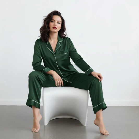 PLAIN SILK NIGHT SUIT - BOTTLE GREEN