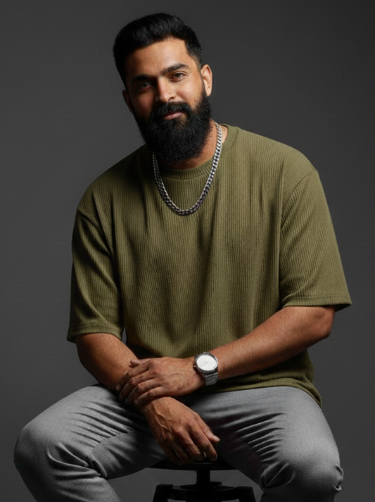 Oversized Waffle Knitted Tees For Men - OLIVE