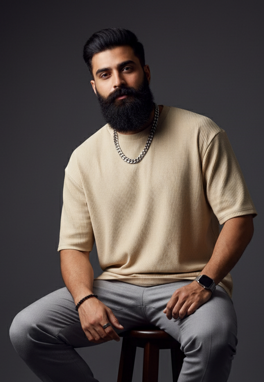 11.11 Sale Oversized Waffle Knitted Tees For Men - BEIGE