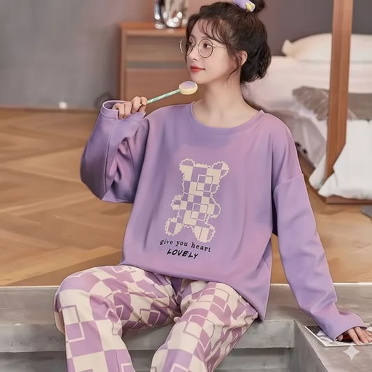 Lilac Give You Heart Lovely Bear Full Sleeves - PJ SUIT FOR WOMEN