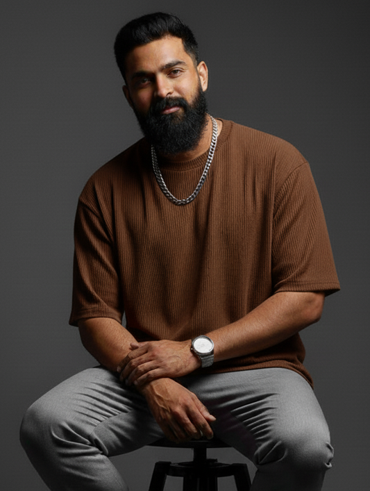 Oversized Waffle Knitted Tees For Men - BROWN