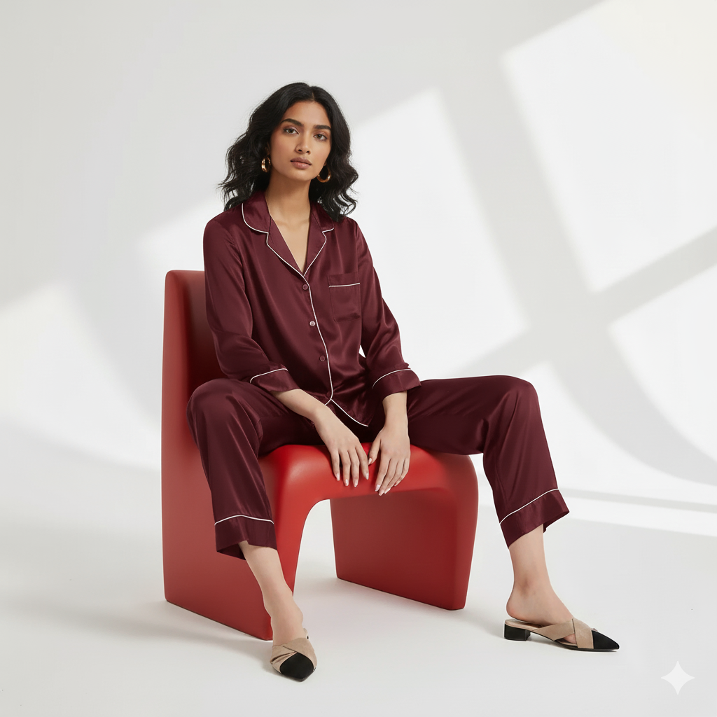 PLAIN SILK NIGHT SUIT - MAROON