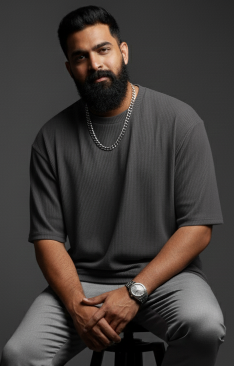 Oversized Waffle Knitted Tees For Men - CHARCOAL