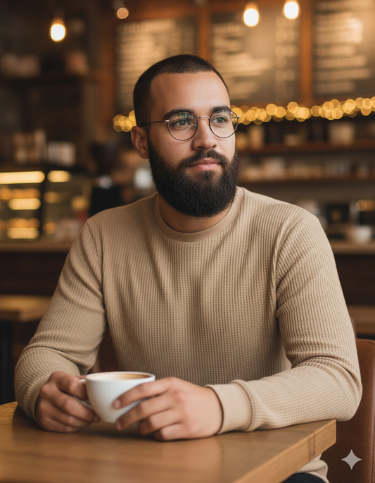 Waffle knitted Textured Full Sleeves T-Shirt - Beige