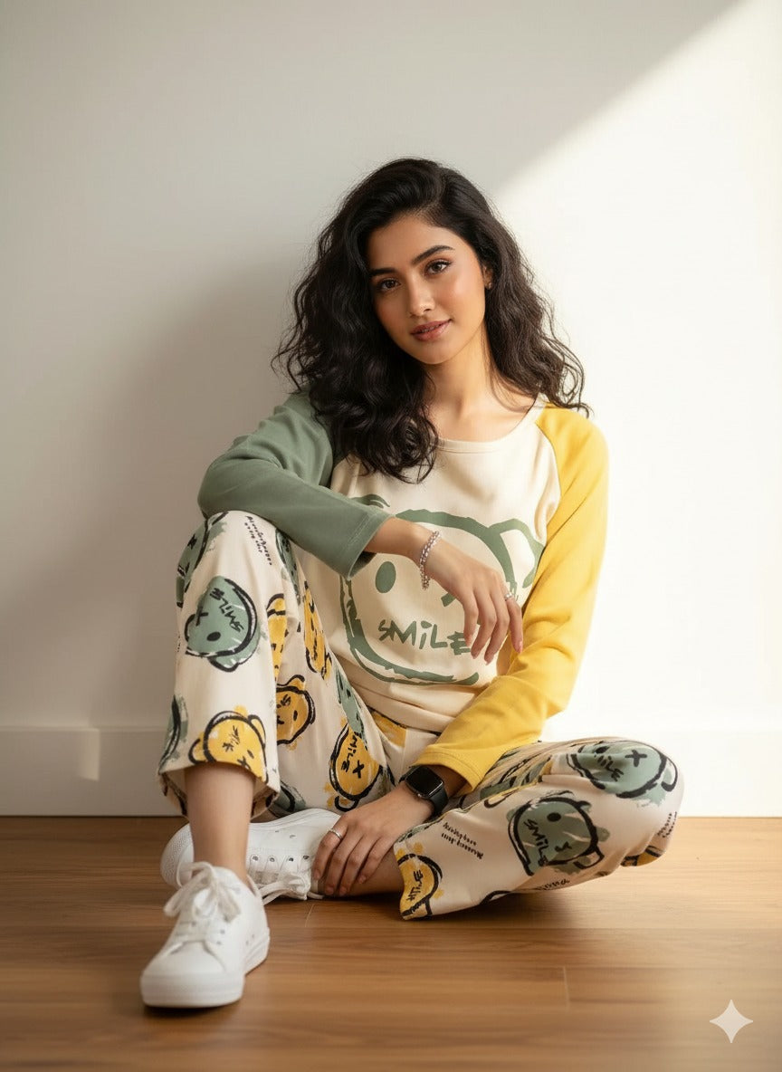 CREEP SMILEY PRINTED - FULL SLEEVES PJ SUIT FOR WOMEN