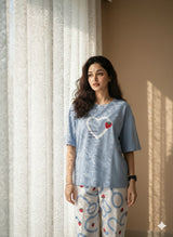 STRAW BERRY HEART SKY BLUE  ZIPWEAR PJ SUIT FOR WOMEN P-11