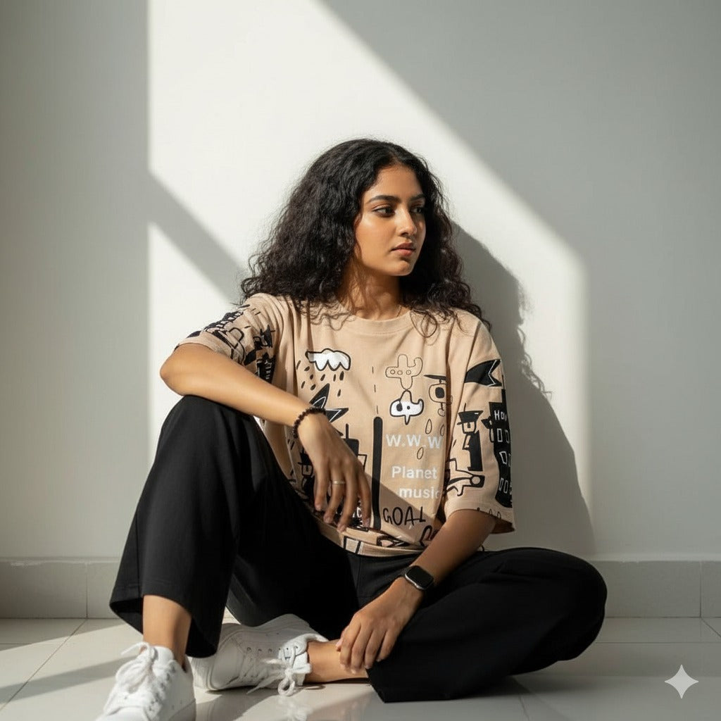 PLANET PRINTED BROWN - PJ SUIT FOR WOMEN