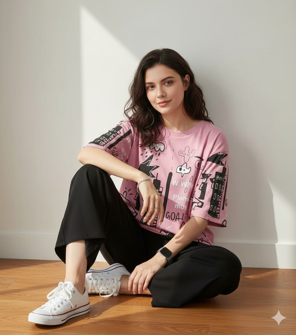 PLANET PRINTED PINK - PJ SUIT FOR WOMEN