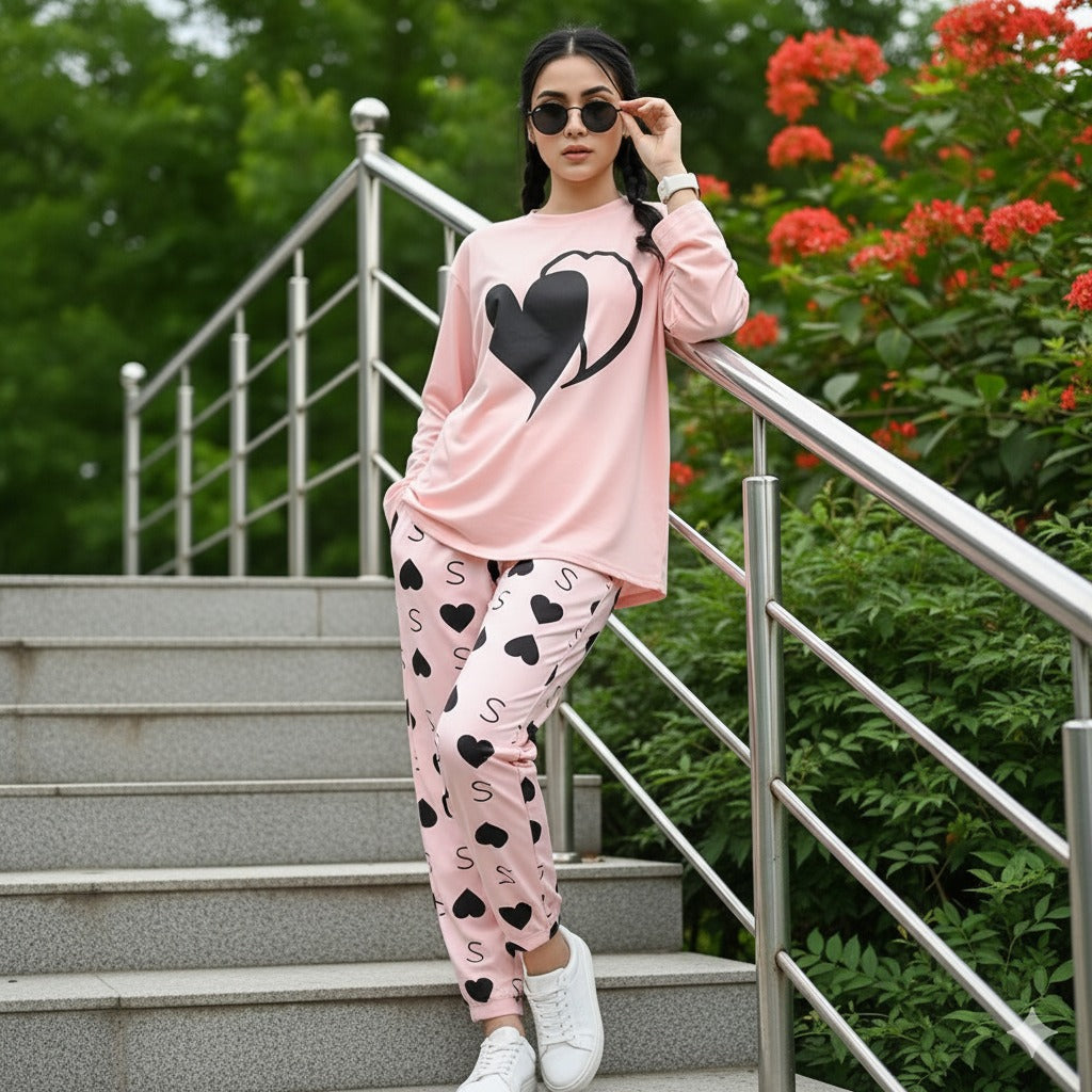 DOUBLE HEART PINK - FULL SLEEVES PJ SUIT FOR WOMEN