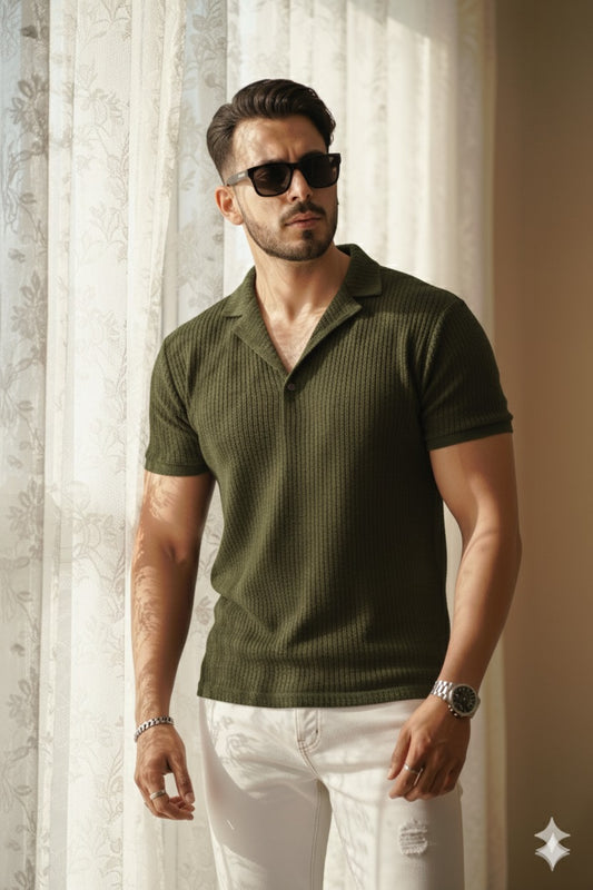 PREMIUM KNITTED POLO T-SHIRT For Men - OLIVE