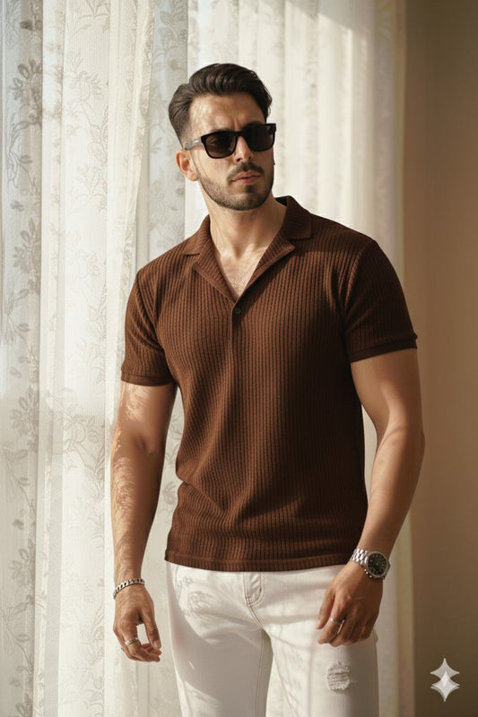 11.11 Sale PREMIUM KNITTED POLO T-SHIRT For Men - BROWN