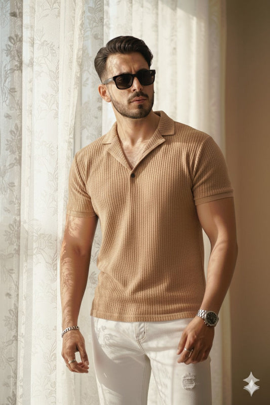 11.11 Sale PREMIUM KNITTED POLO T-SHIRT For Men - BEIGE