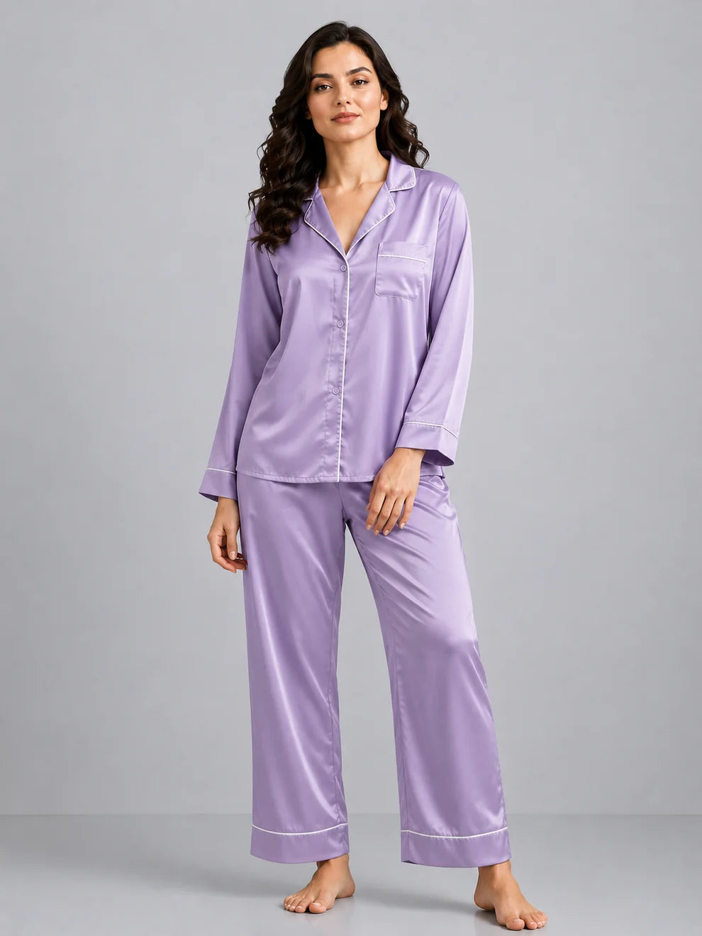 PLAIN SILK NIGHT SUIT - LILAC