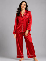 PLAIN SILK NIGHT SUIT - REDWINE
