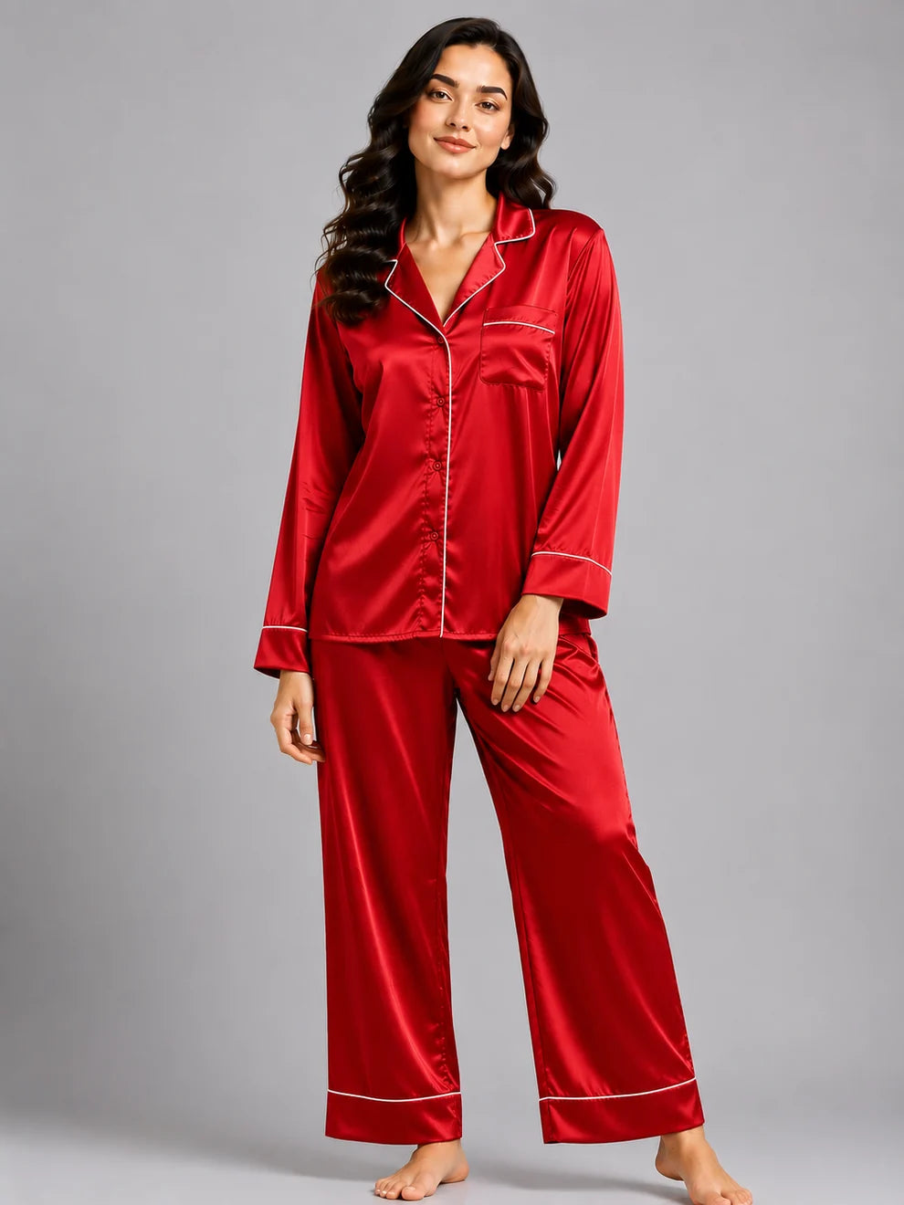 PLAIN SILK NIGHT SUIT - REDWINE