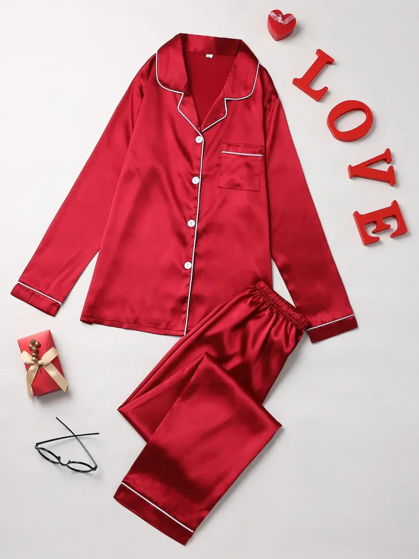 PLAIN SILK NIGHT SUIT - RED WINE