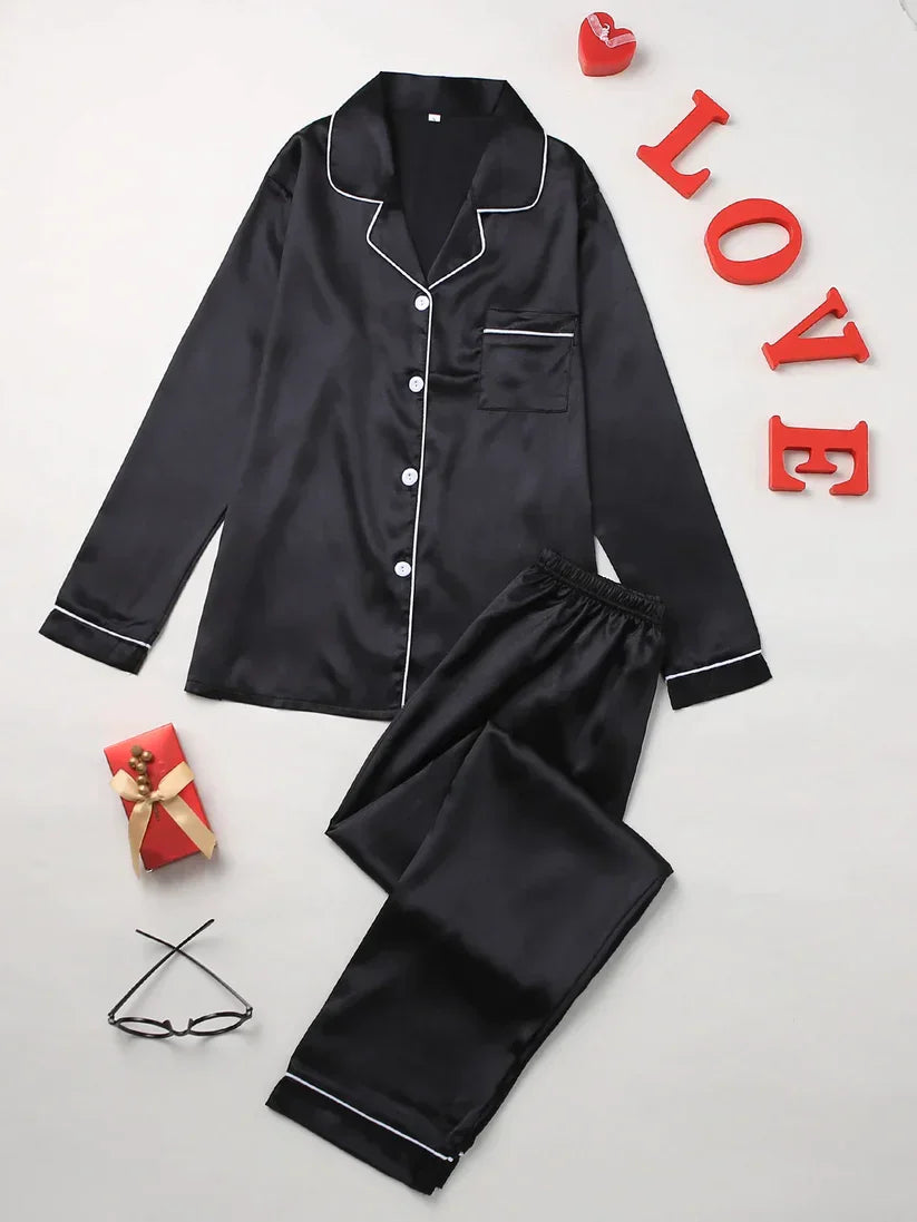 PLAIN SILK NIGHT SUIT - BLACK