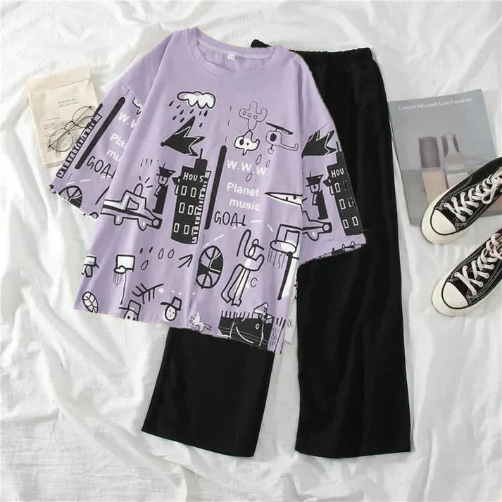 Planet Printed Purple- PJ SUIT FOR WOMEN