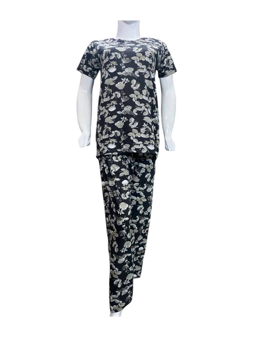 Black Flower Printed Night Suit For Women JERSEY