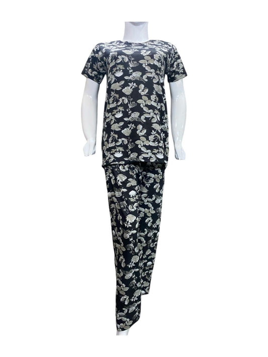 Black Flower Printed Night Suit For Women JERSEY