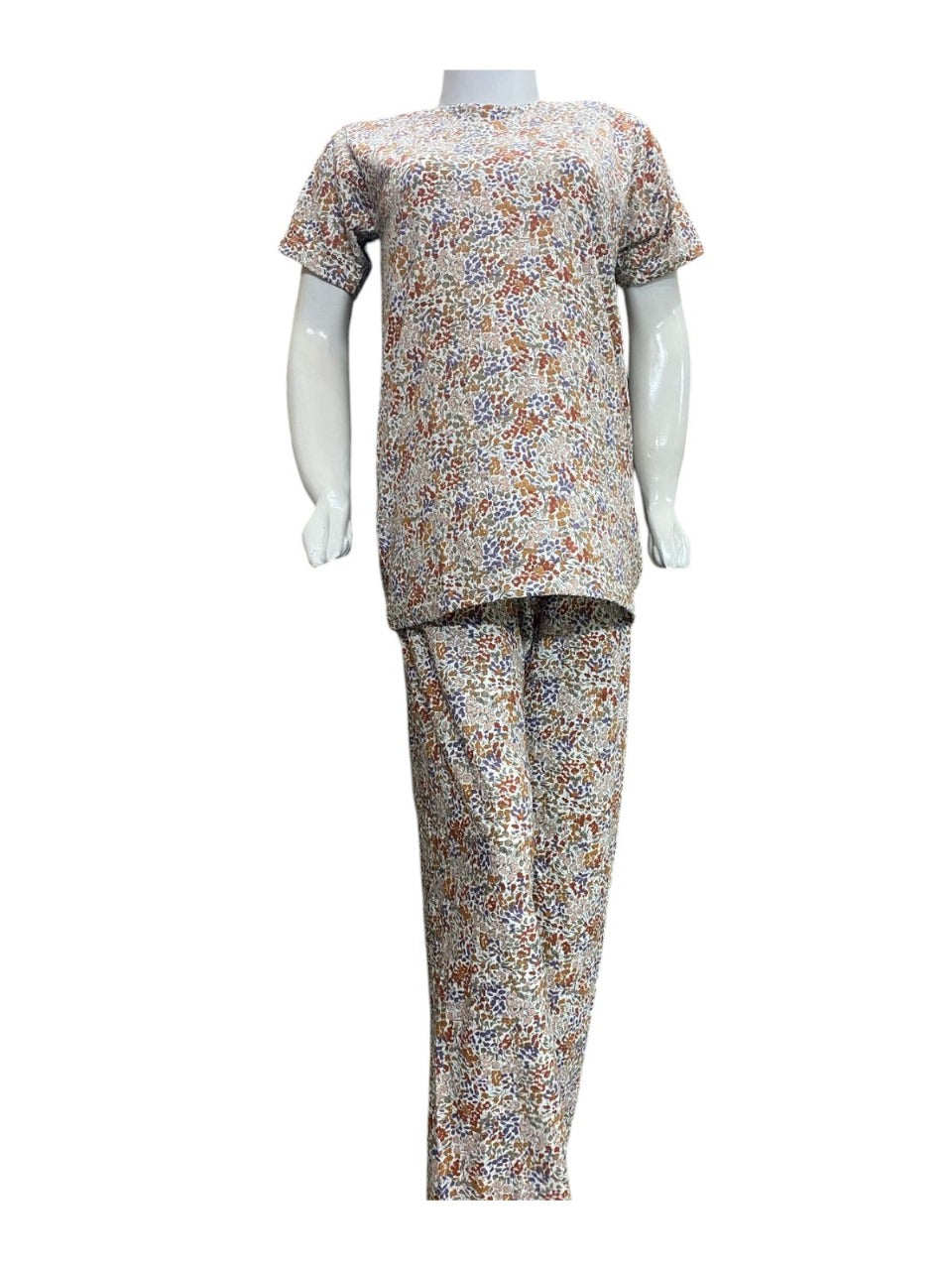 White Multi Flower Printed Night Suit For Women JERSEY