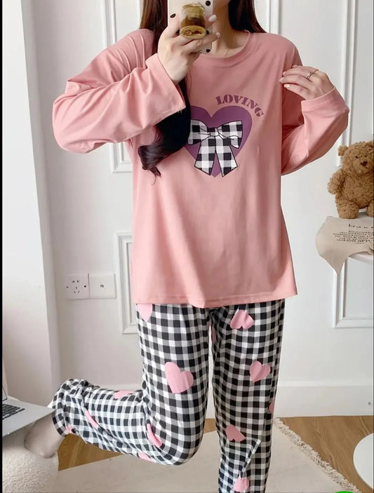 Pink Loving Heart Printed Full Sleeves - PJ SUIT FOR WOMEN