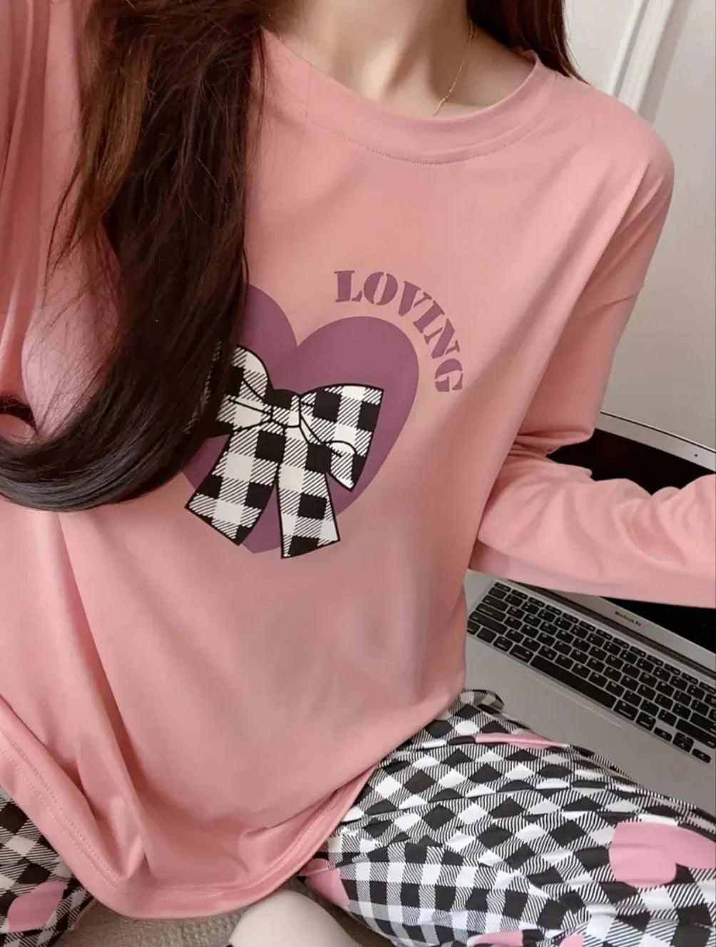 Pink Loving Heart Printed Full Sleeves - PJ SUIT FOR WOMEN