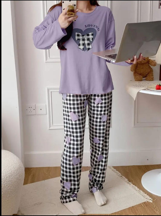 Lilac Loving Heart Printed Full Sleeves - PJ SUIT FOR WOMEN
