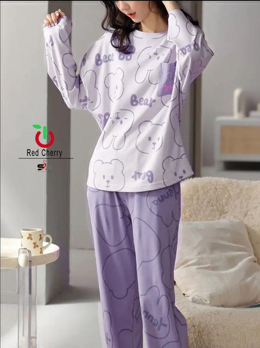 Lilac Cute Bear Full Sleeves Printed - PJ SUIT FOR WOMEN