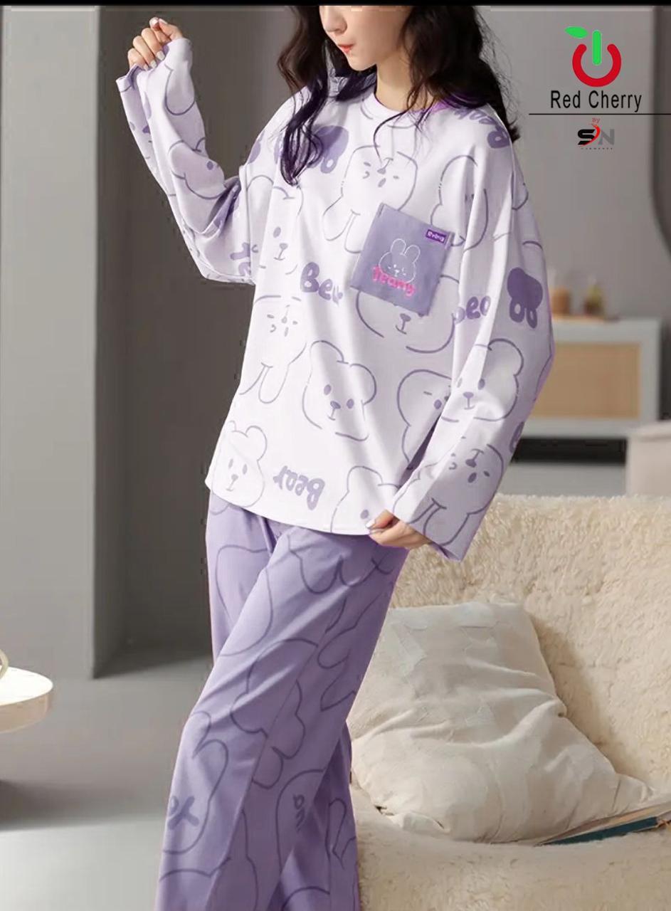 Lilac Cute Bear Full Sleeves Printed - PJ SUIT FOR WOMEN