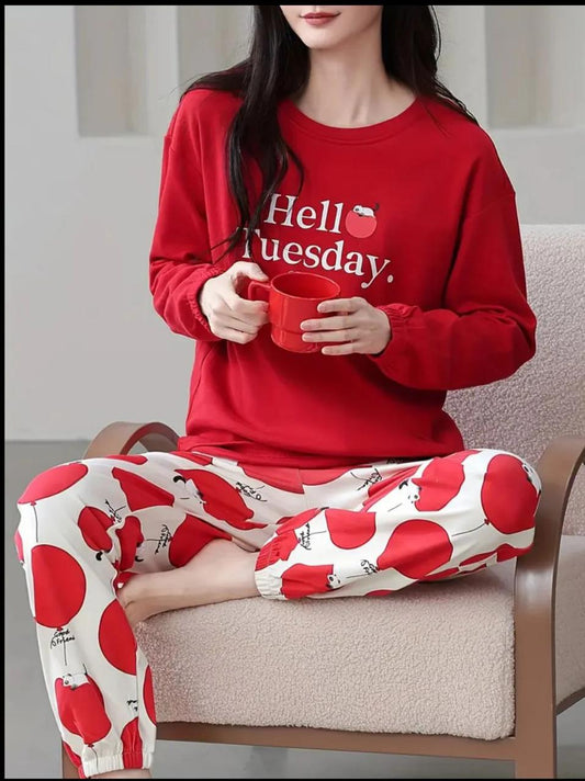Red Hello Tuesday Print Full Sleeves - PJ SUIT FOR WOMEN