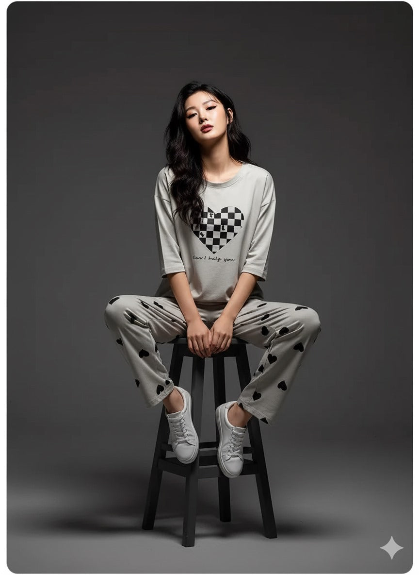 CHECKERED HEART PRINTED - PJ SUIT FOR WOMEN