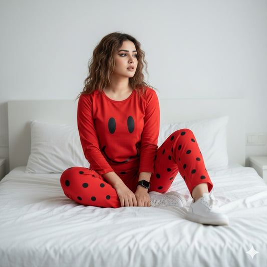 Red Smiley Full Sleeves Printed - PJ SUIT FOR WOMEN