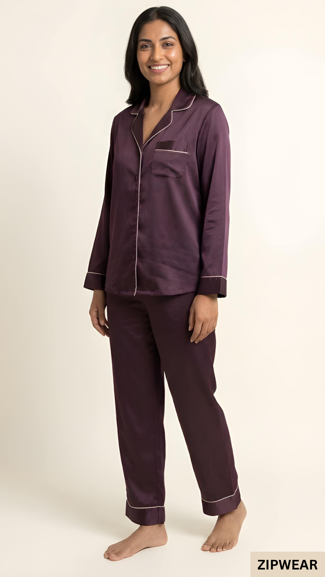 PLAIN SILK NIGHT SUIT - PURPLE