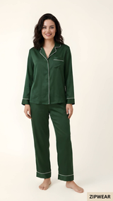 PLAIN SILK NIGHT SUIT - BOTTLE GREEN