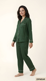 PLAIN SILK NIGHT SUIT - BOTTLE GREEN