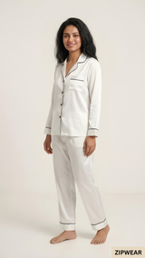 PLAIN SILK NIGHT SUIT - WHITE