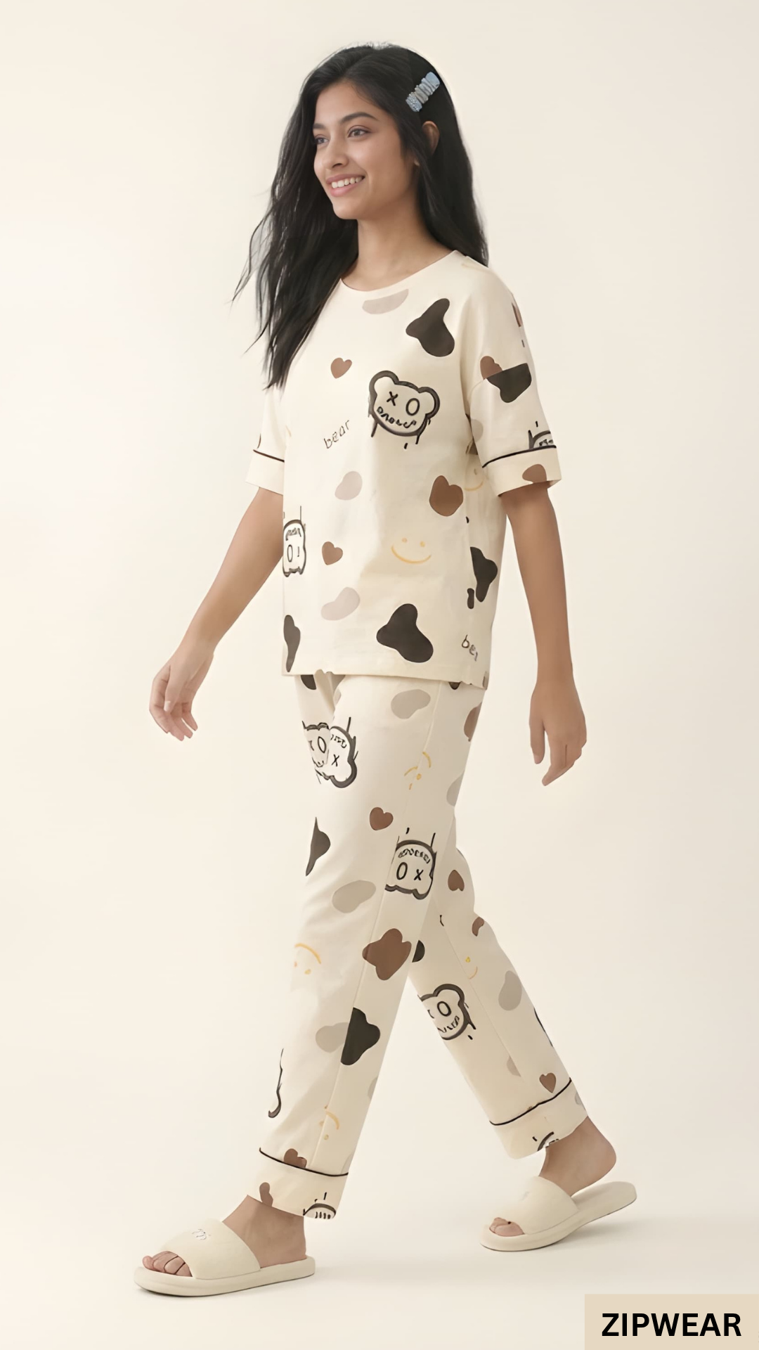 CREAM BEAR - FULL SLEEVES PJ SUIT FOR WOMEN