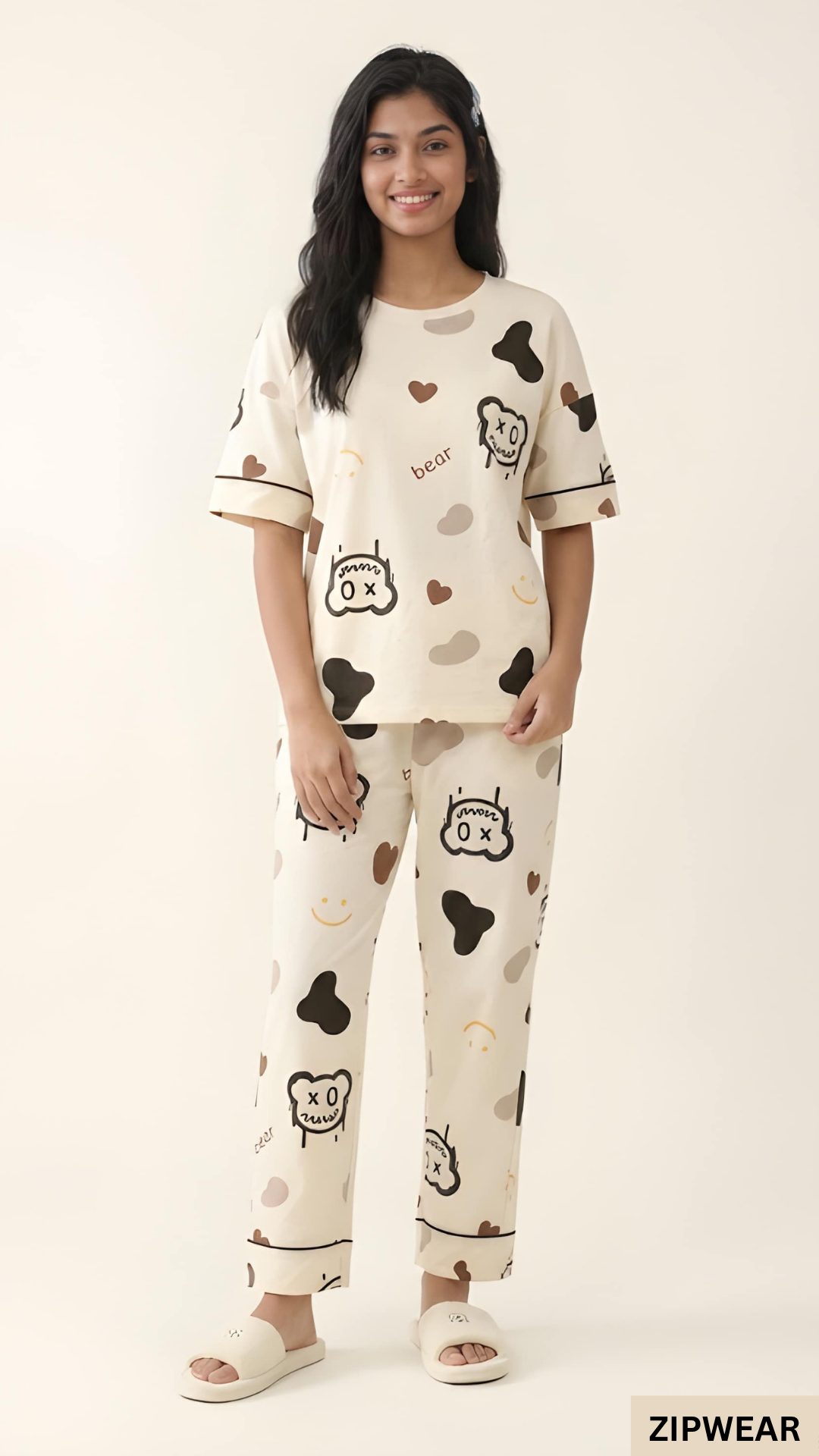 CREAM BEAR - FULL SLEEVES PJ SUIT FOR WOMEN