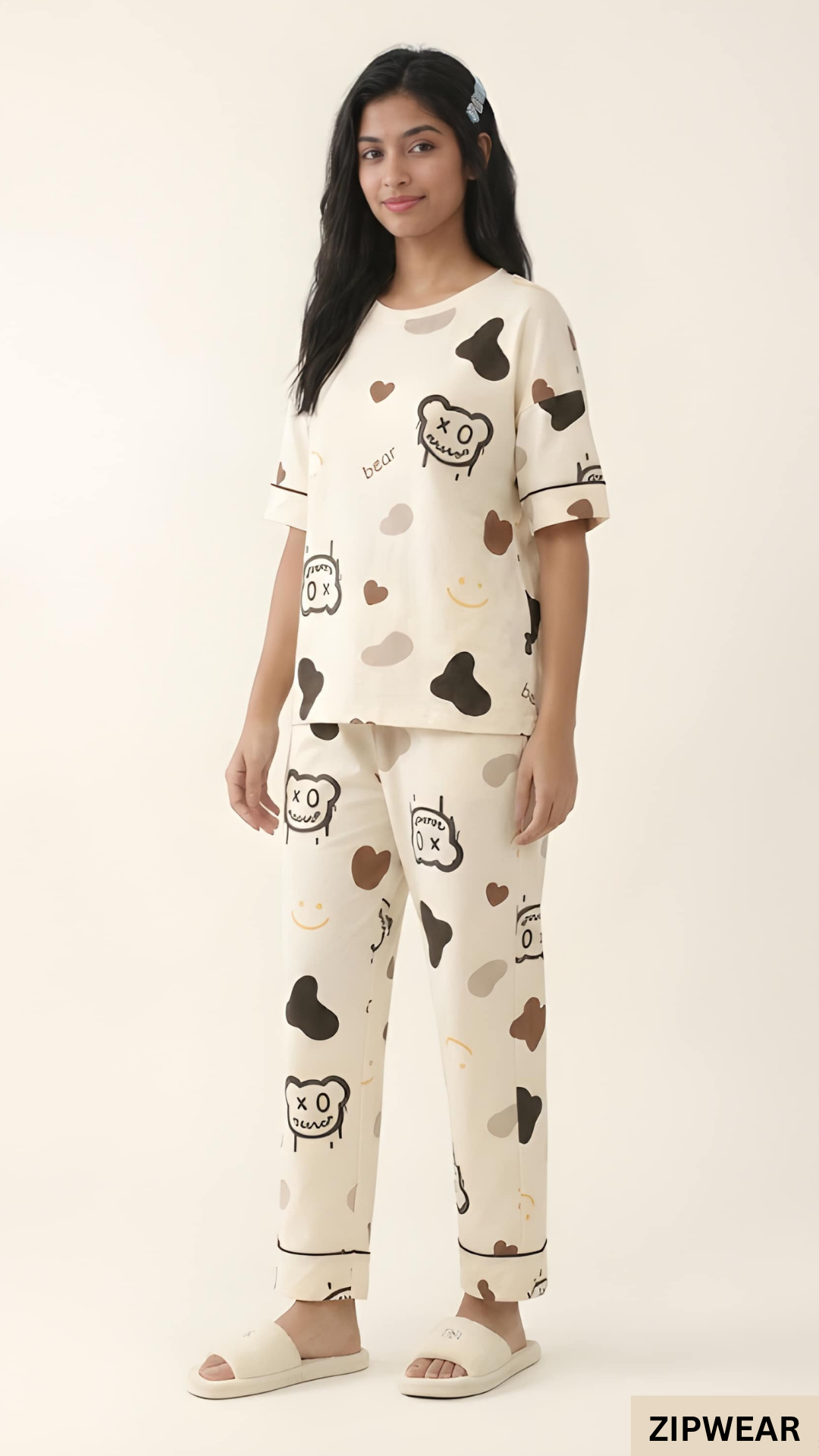 CREAM BEAR - FULL SLEEVES PJ SUIT FOR WOMEN