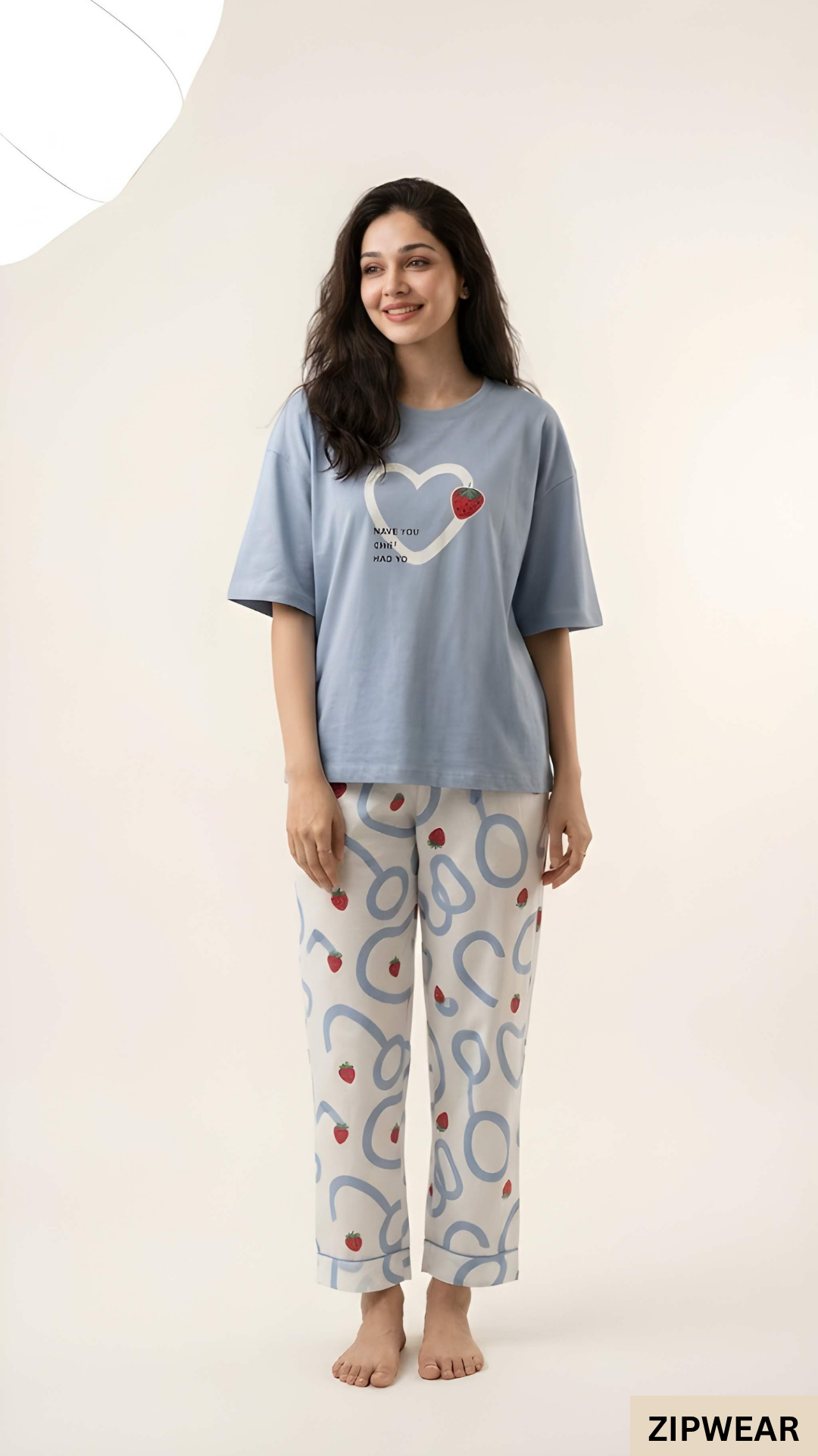 STRAW BERRY HEART SKY BLUE  ZIPWEAR PJ SUIT FOR WOMEN P-11