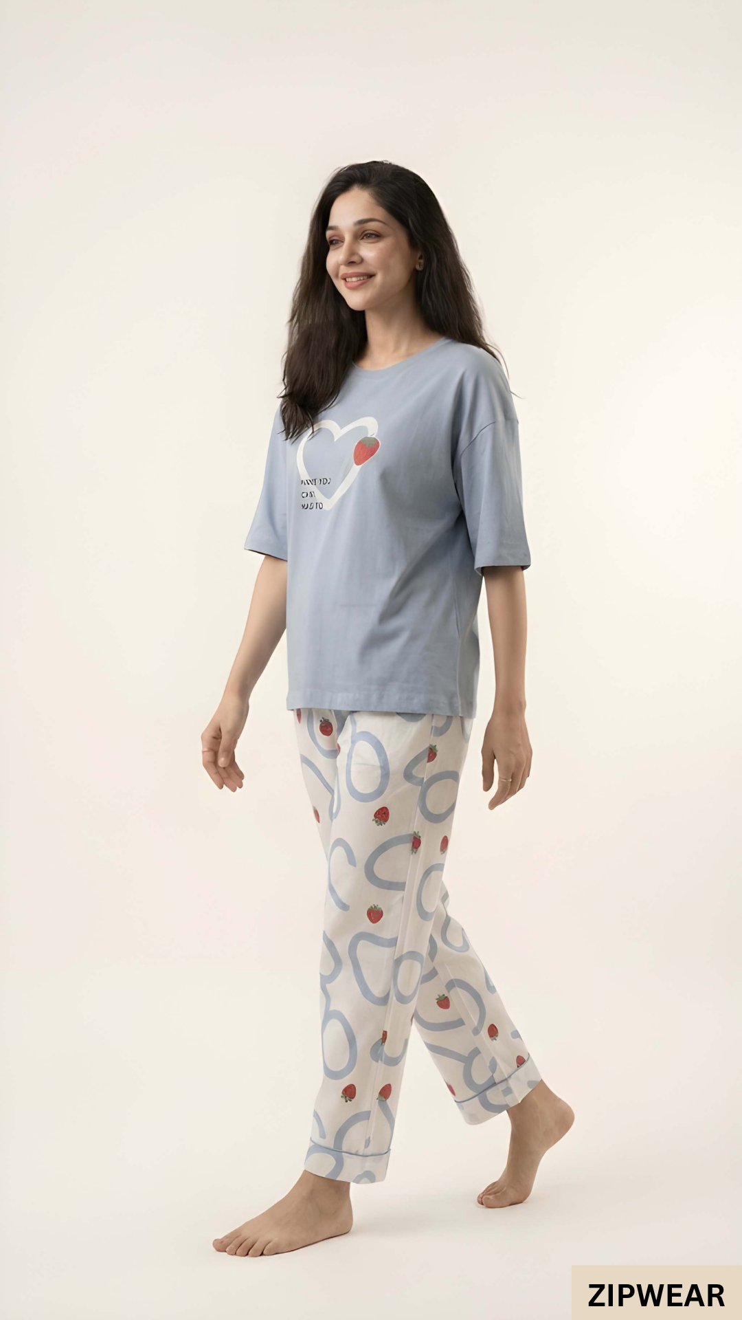 STRAW BERRY HEART SKY BLUE  ZIPWEAR PJ SUIT FOR WOMEN P-11