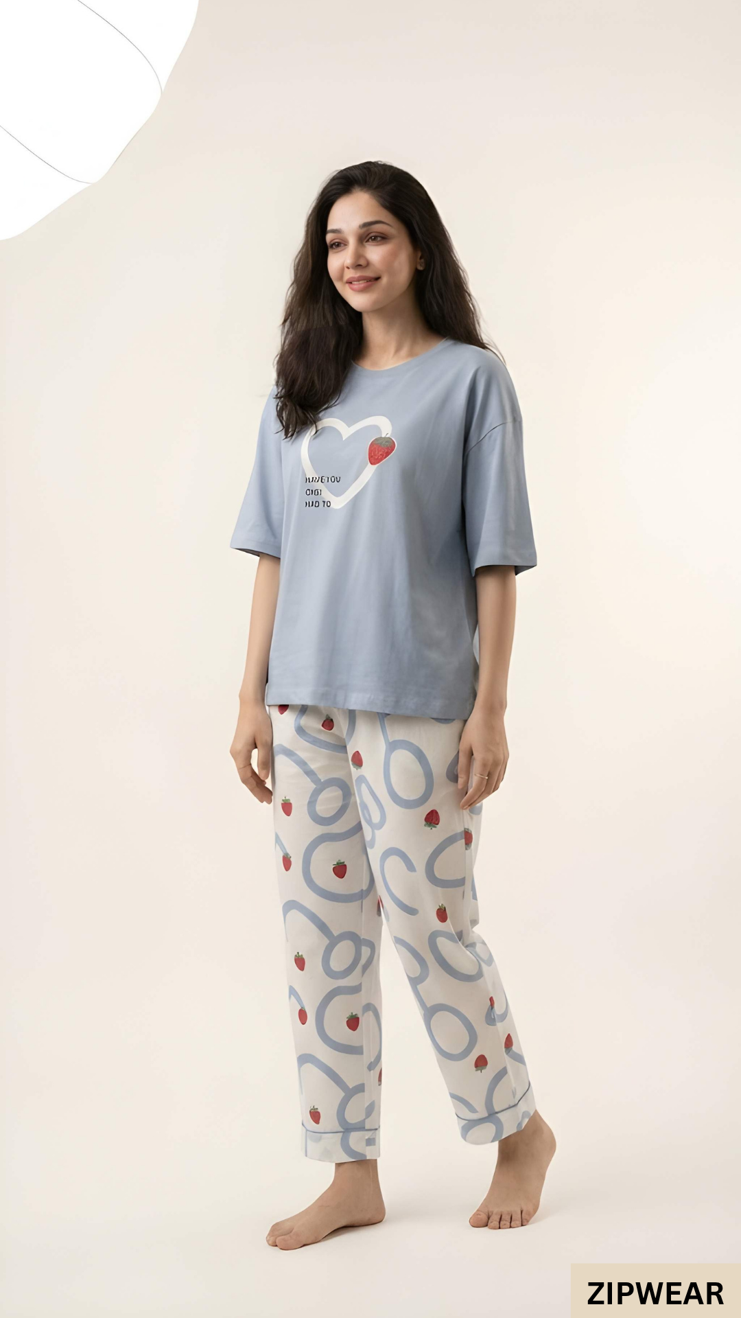 STRAW BERRY HEART SKY BLUE  ZIPWEAR PJ SUIT FOR WOMEN P-11