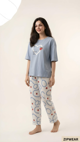 STRAW BERRY HEART SKY BLUE  ZIPWEAR PJ SUIT FOR WOMEN P-11