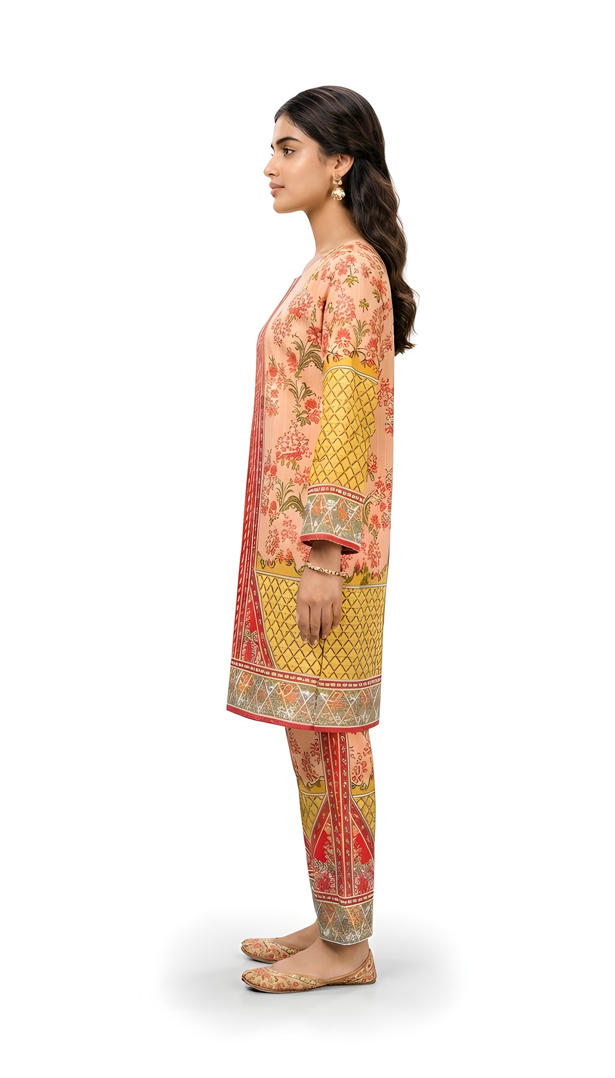 Peach and mustard floral printed 2-piece suit, side view